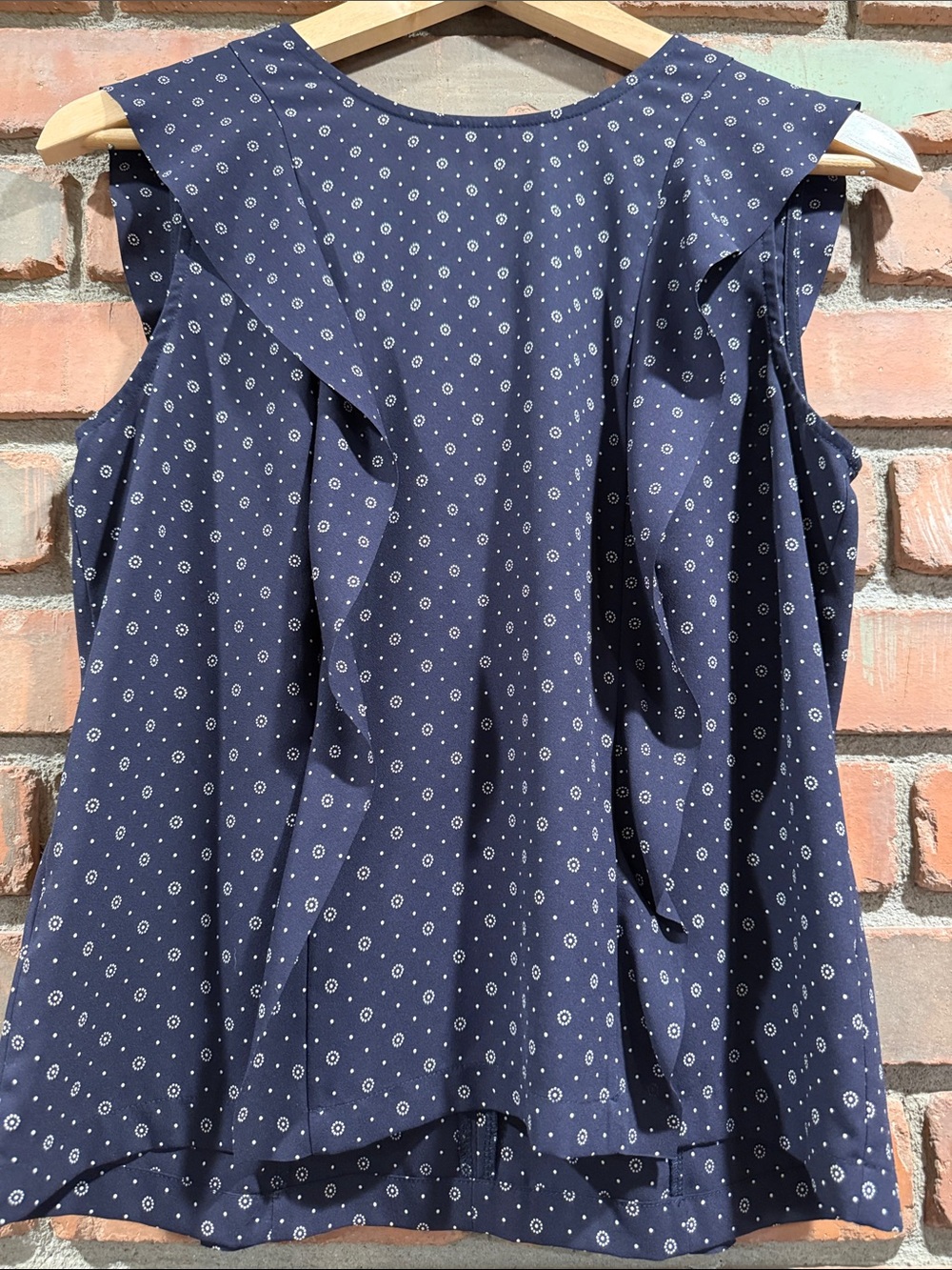 LOFT Navy Sleeveless Ruffle Dot Top